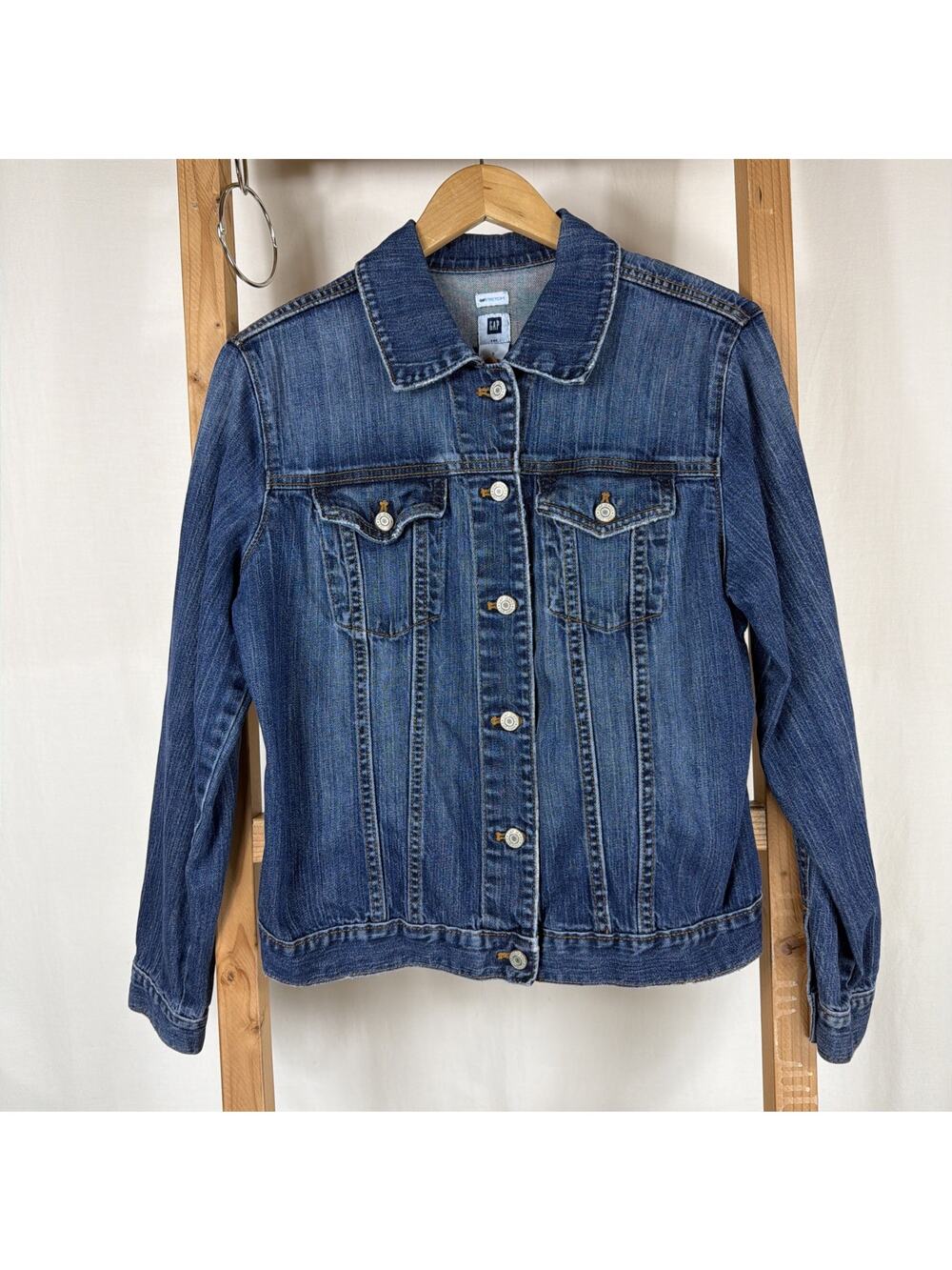 Vintage Y2K Gap Denim Button Up Painted Flower On Back Jean Jacket #1246 SZ LG